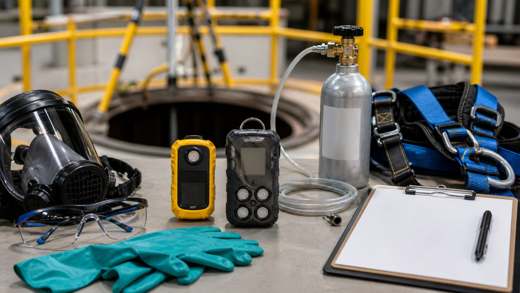 Portable gas detectors with calibration cylinder, tubing, harness, respirator, gloves, safety glasses, and gas monitor checklist