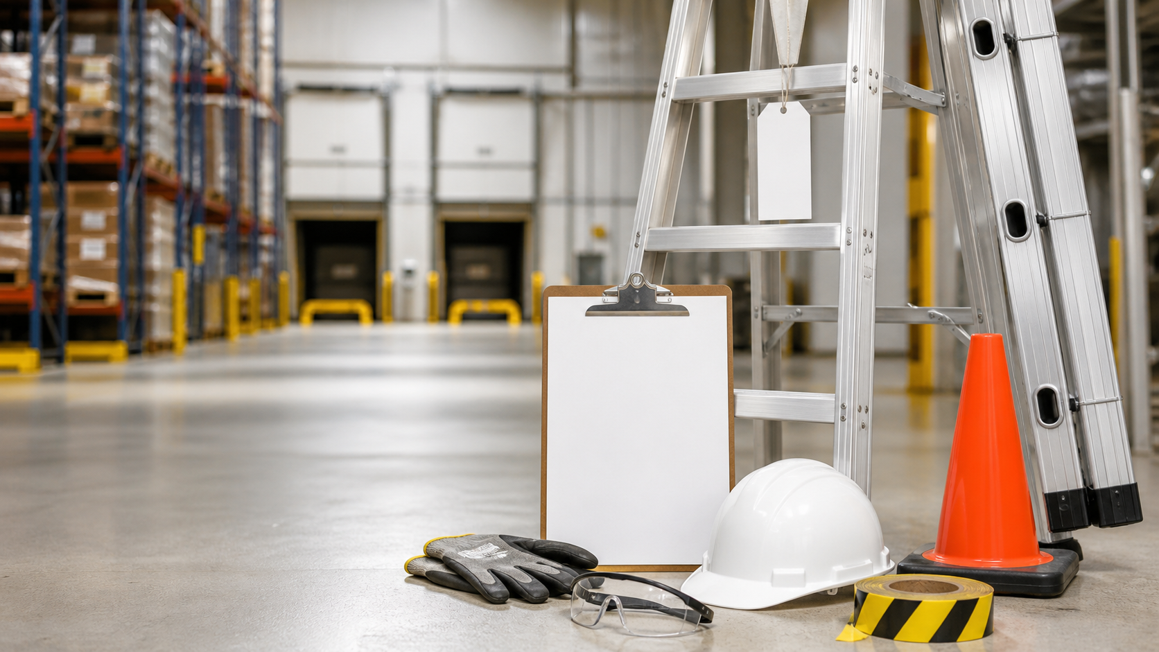 Portable ladders, ladder inspection tag, traffic cone, caution tape, gloves, safety glasses, hard hat, and inspection checklist