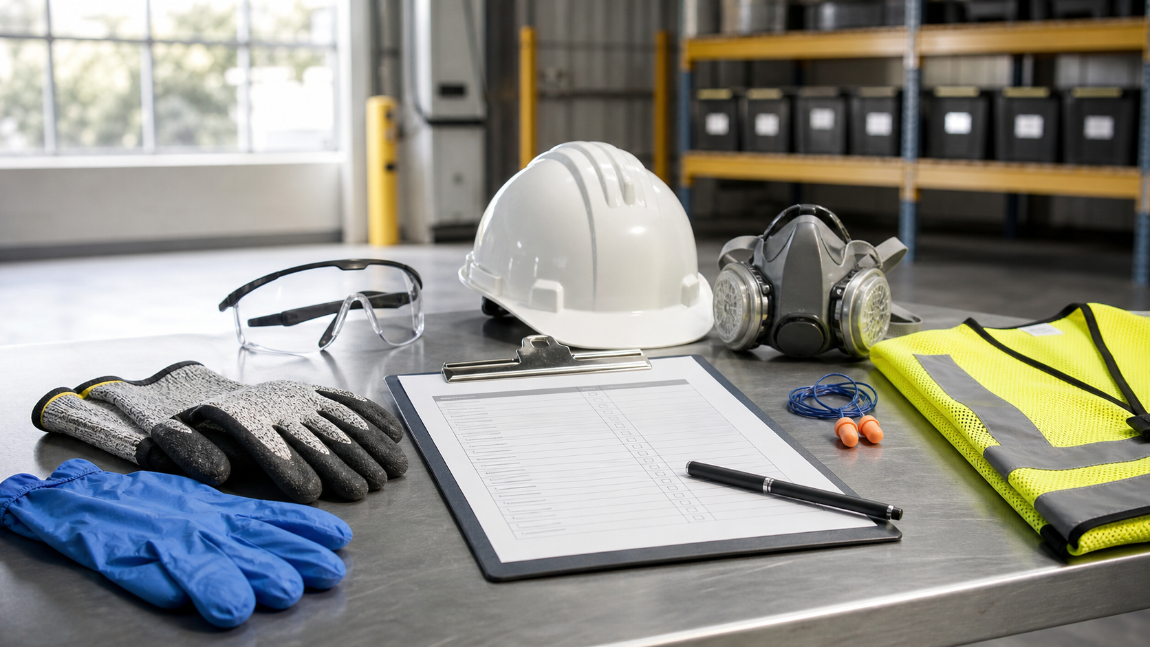 Safety manager reviewing a PPE hazard assessment checklist with gloves, safety glasses, hard hat, respirator, and high-visibility apparel on a work table