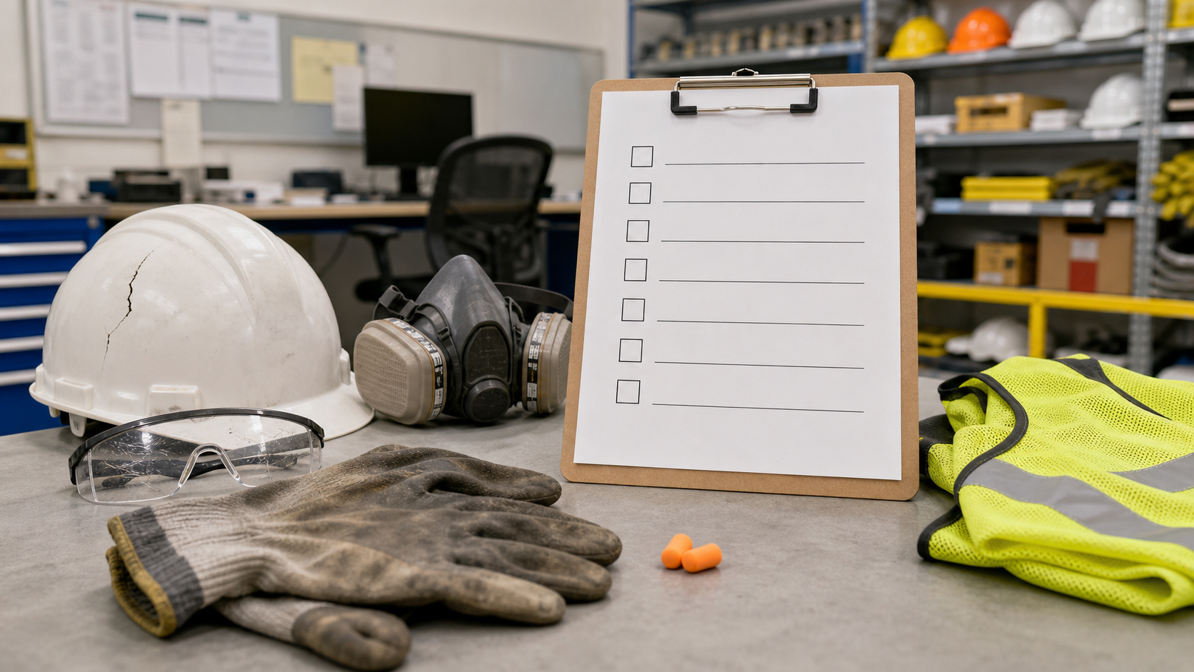 Worn PPE and replacement checklist including hard hat, safety glasses, gloves, respirator, earplugs, and safety vest