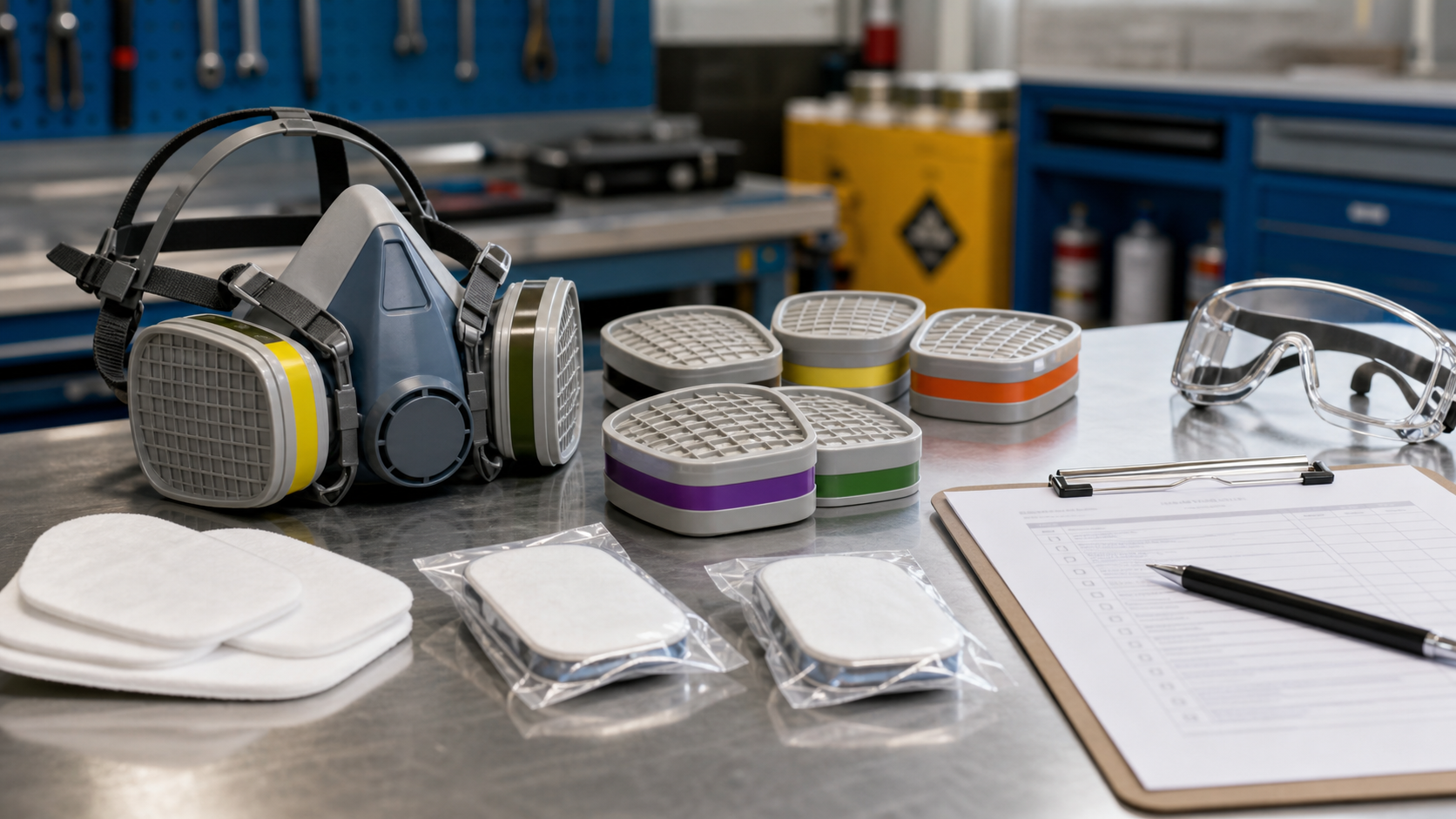 Reusable respirator with cartridges and labeled filter options arranged on a workplace safety table