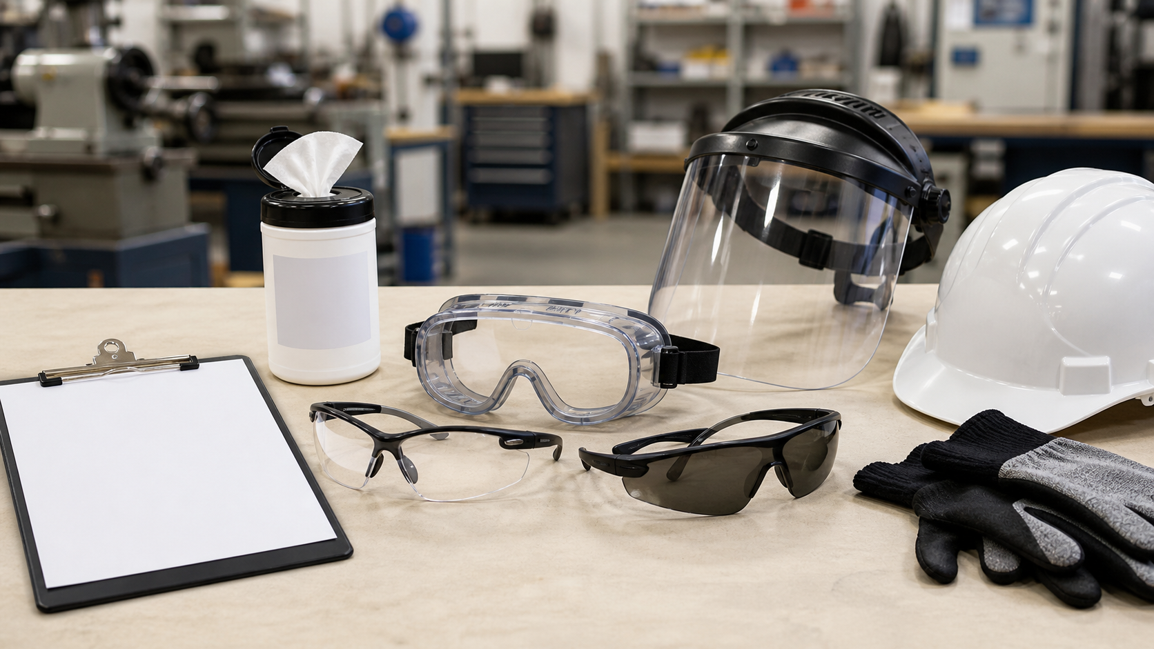 Safety glasses, sealed goggles, face shield, hard hat, gloves, lens wipes, and eye protection checklist