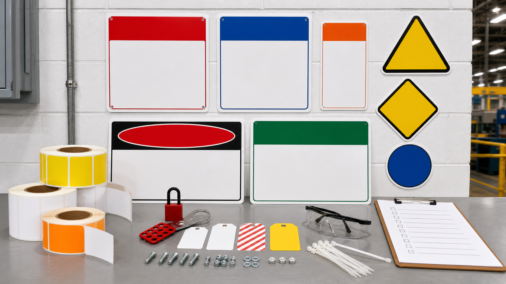 Blank workplace safety signs, warning labels, lockout tags, mounting hardware, safety glasses, and sign selection checklist