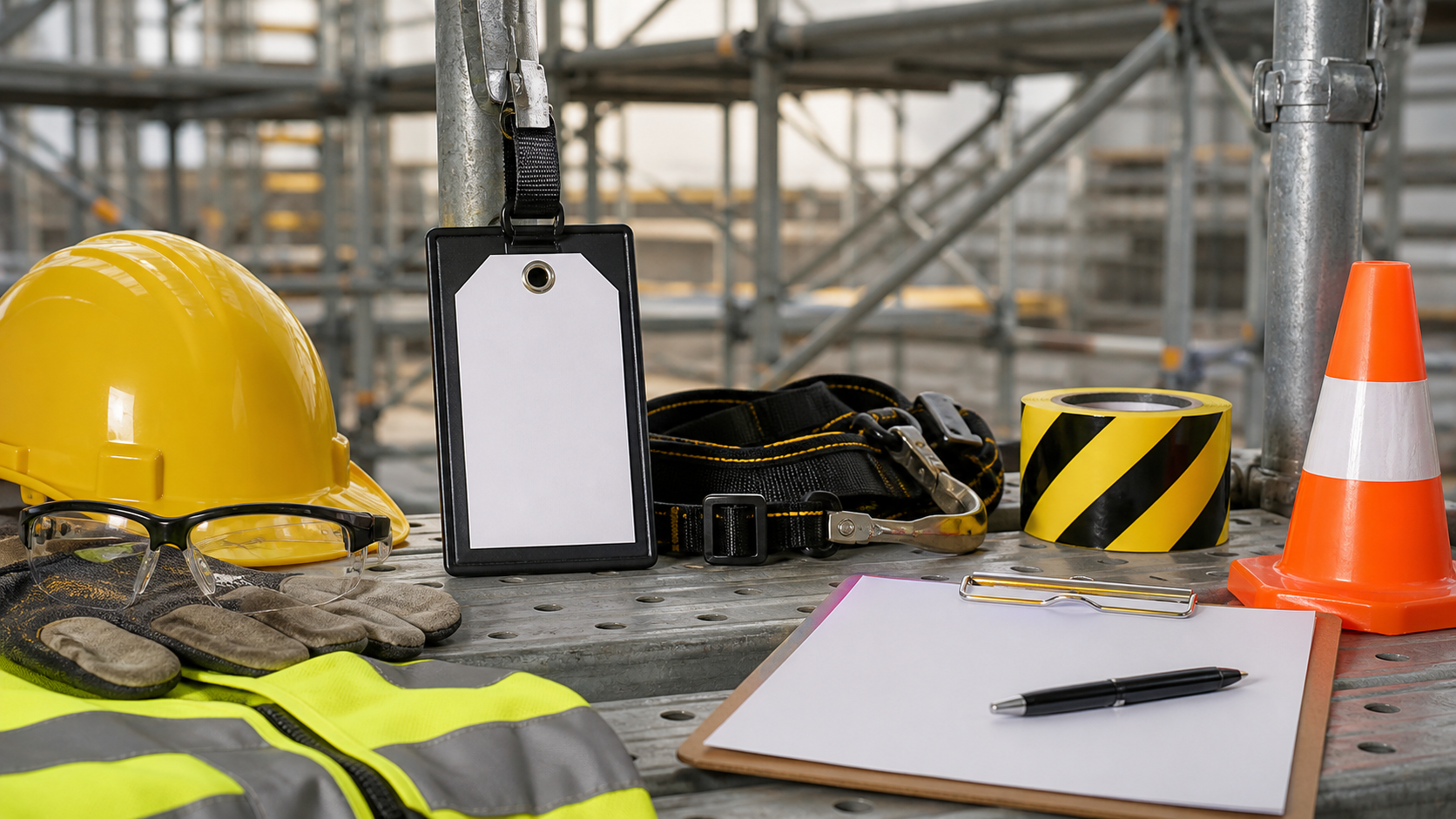 Scaffold tag holder, hard hat, safety glasses, gloves, high-visibility vest, fall protection harness, caution tape, cone, and scaffold inspection checklist