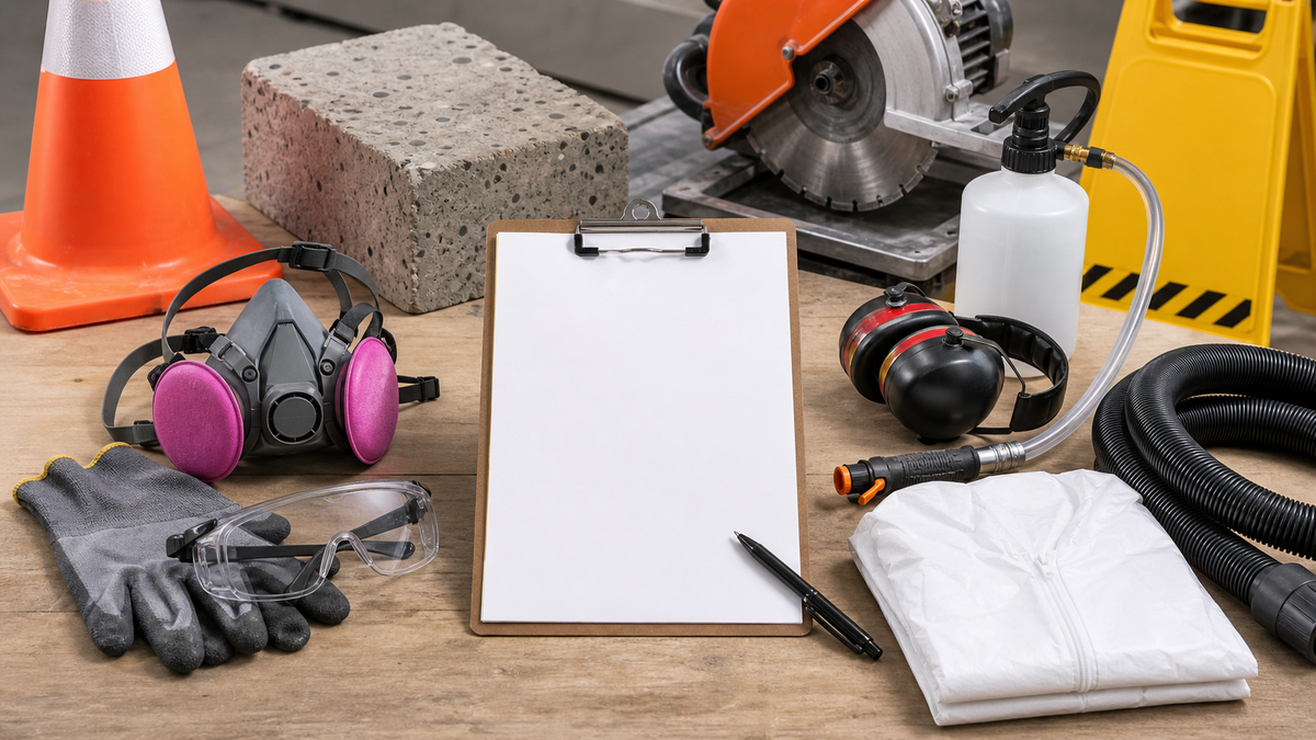 Silica dust control supplies including blank exposure control checklist, respirator with particulate filters, safety goggles, gloves, wet cutting bottle, HEPA vacuum hose, hearing protection, cone, and folded coveralls