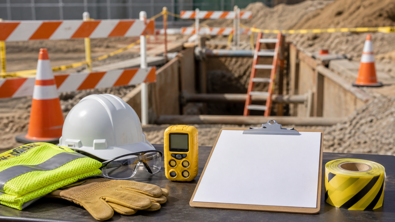 Trenching safety setup with barricade, cones, ladder, high-visibility vest, hard hat, safety glasses, gloves, gas detector, caution tape, and checklist