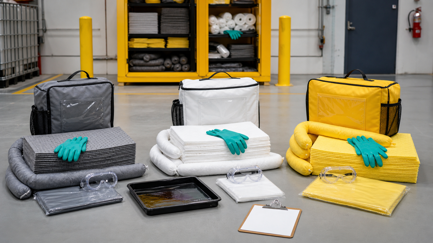 Universal, oil-only, and hazmat spill kit supplies arranged for industrial spill response comparison