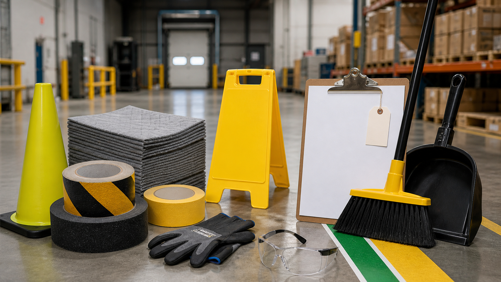 Walking-working surface housekeeping supplies including anti-slip tape, caution cone, absorbent pads, blank wet-floor sign, floor marking tape, gloves, safety glasses, broom, dustpan, and checklist