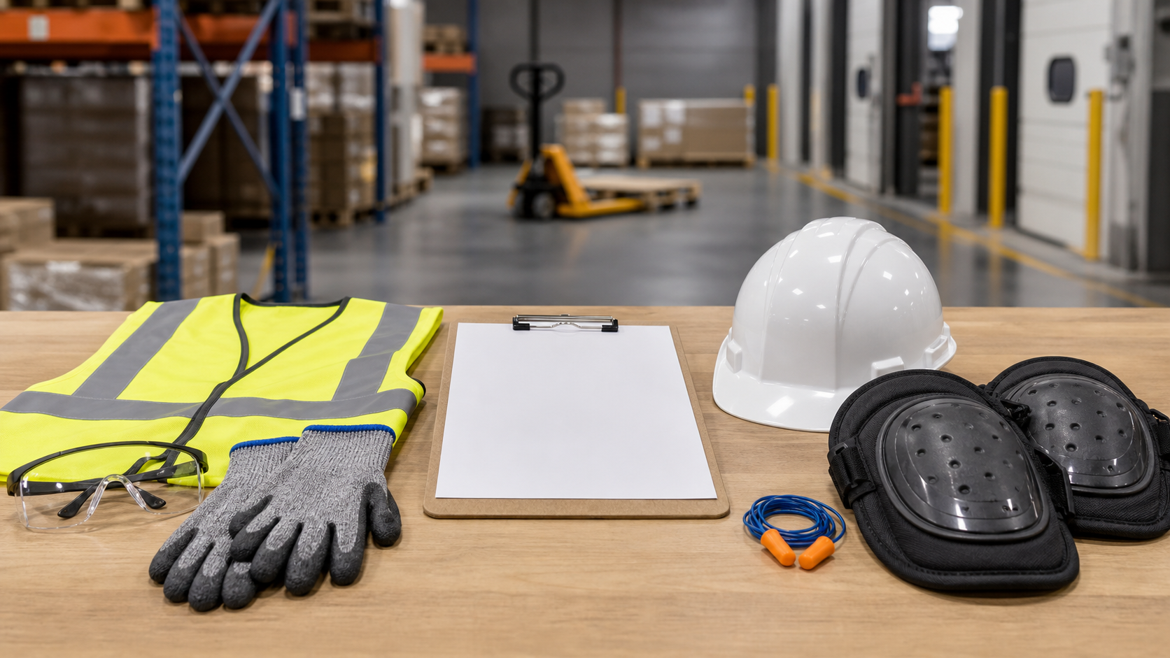 Warehouse PPE including high-visibility vest, safety glasses, gloves, hard hat, earplugs, knee pads, and checklist