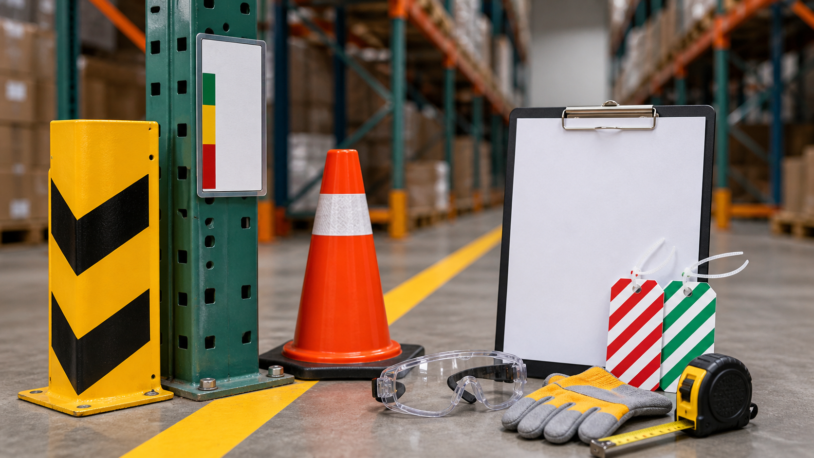 Warehouse rack safety supplies including column guard, blank capacity label, floor marking tape, cone, rack inspection tags, safety glasses, gloves, measuring tape, and checklist