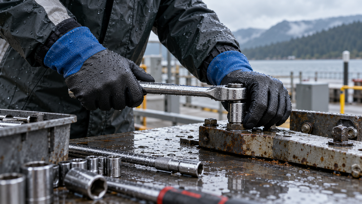 Worker wearing waterproof gloves while handling a wet tool at an outdoor workbench