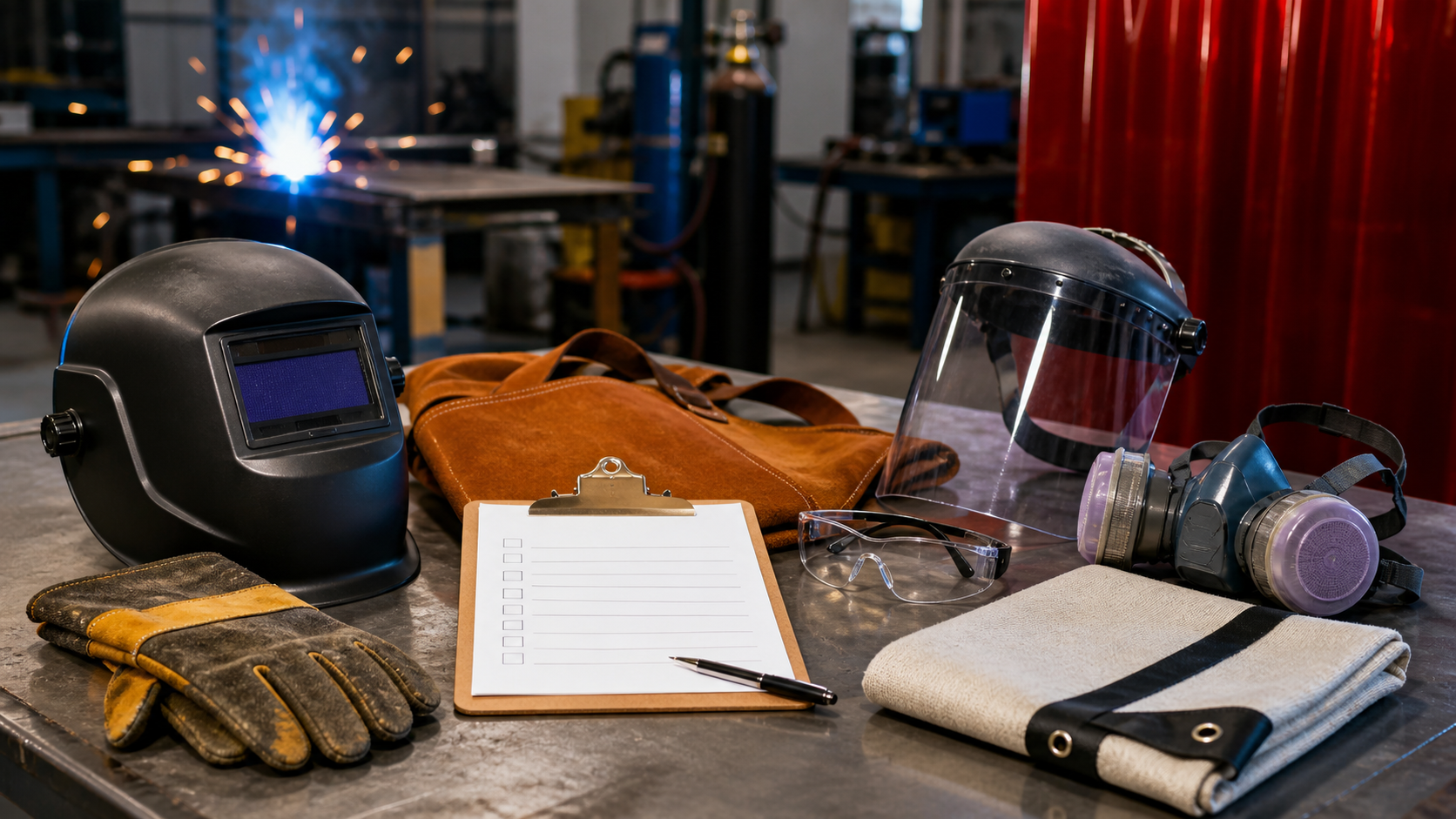 Welding helmet, welding gloves, leather apron, safety glasses, face shield, welding curtain, fire blanket, respirator, and checklist