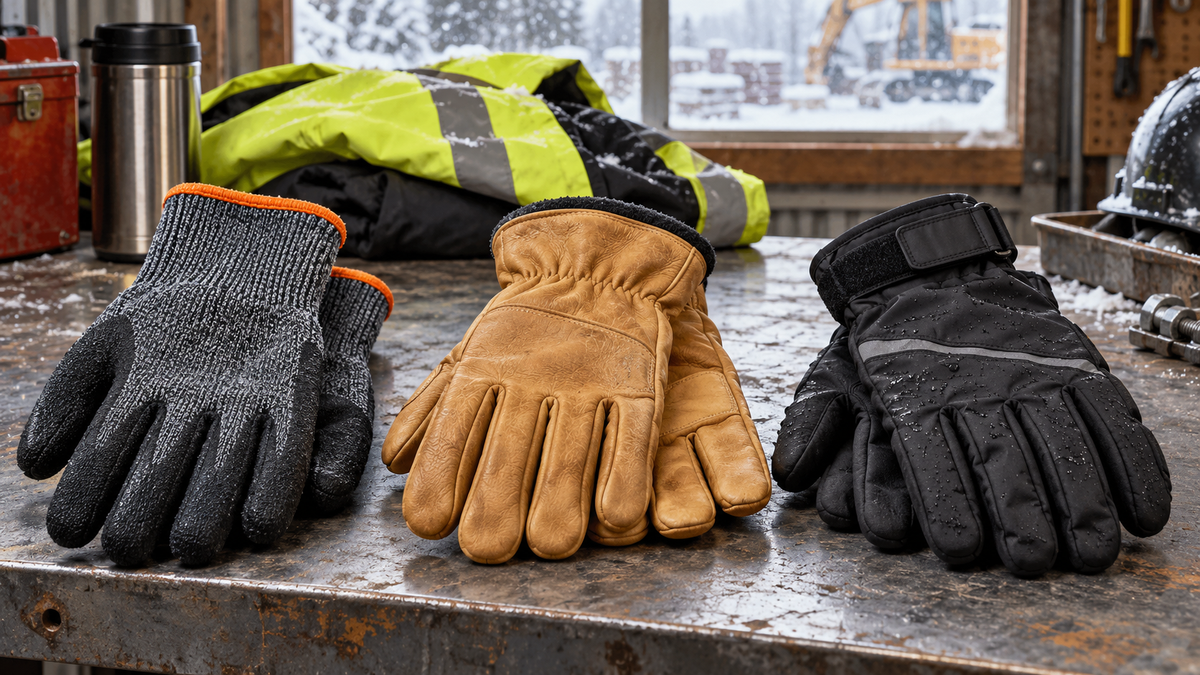 Insulated coated, leather, and waterproof winter work gloves on an industrial workbench