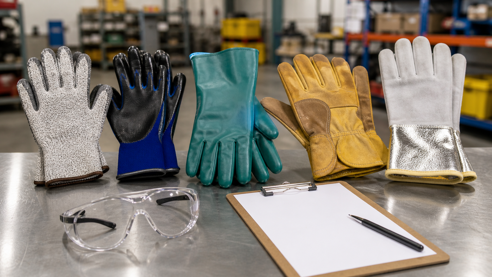 Selection of work gloves including cut-resistant, nitrile-coated, chemical-resistant, leather, and heat-resistant gloves with checklist