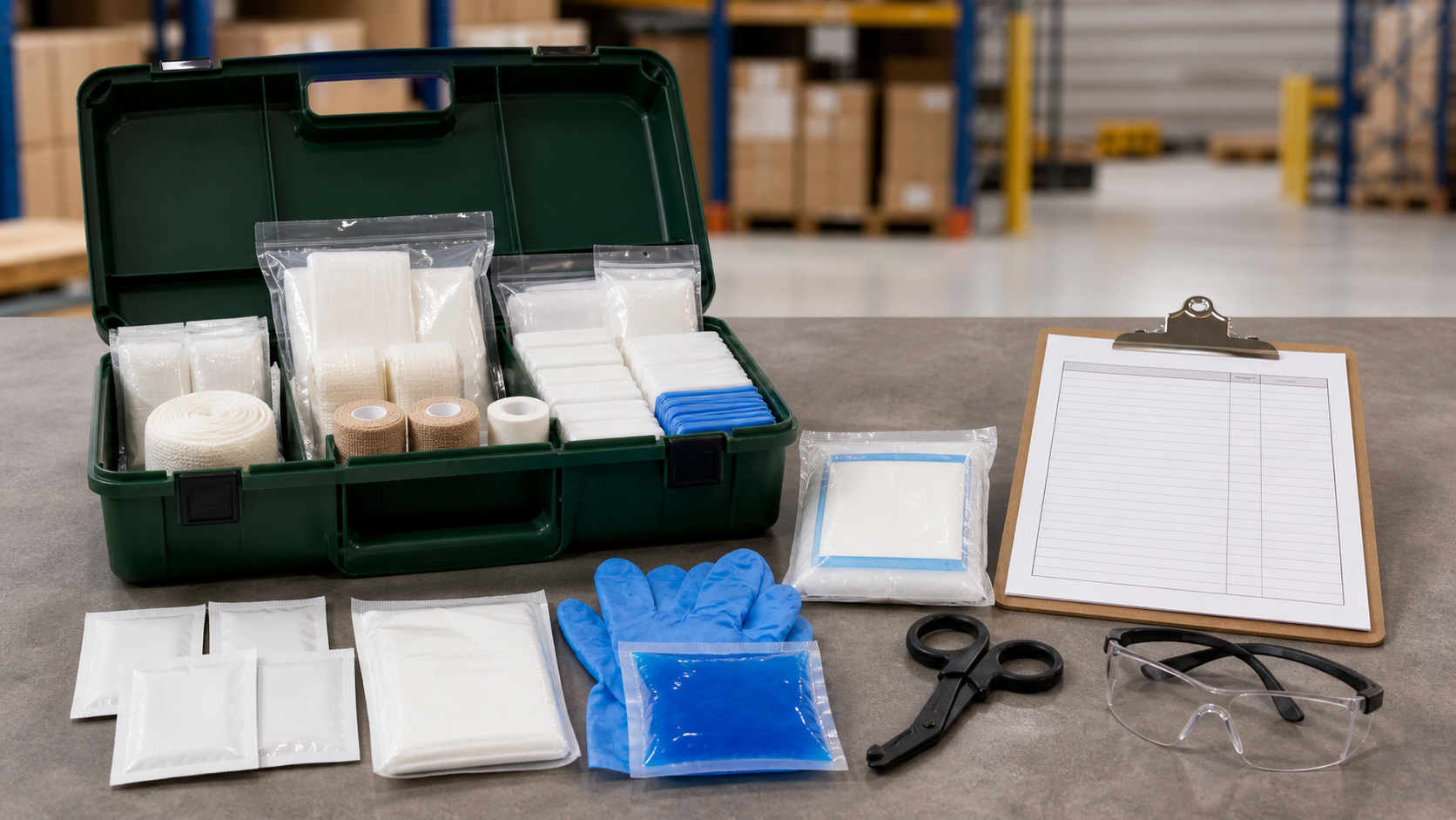 Workplace first aid kit with bandages, gauze, gloves, cold pack, scissors, safety glasses, and inspection checklist