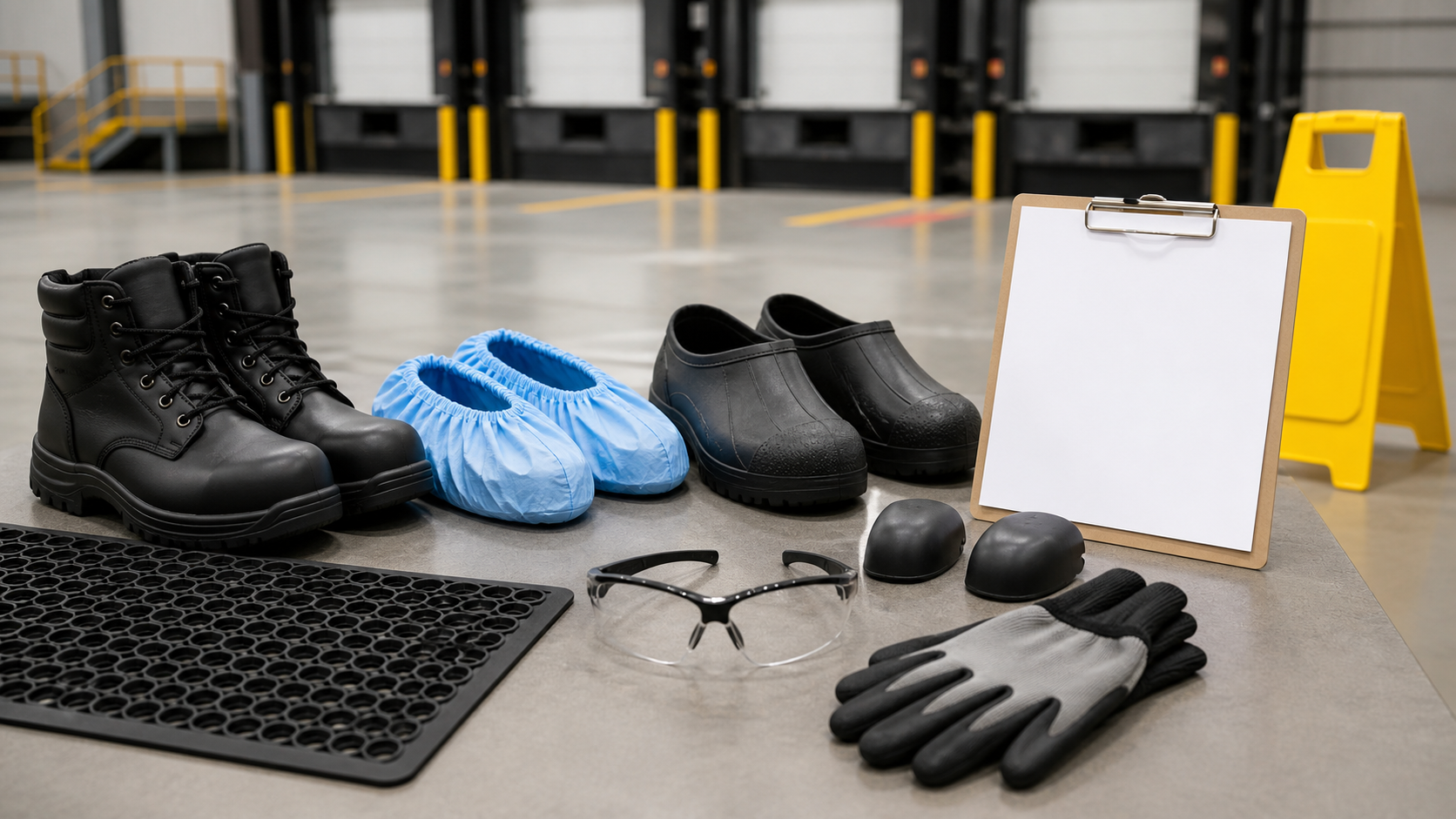 Safety boots, shoe covers, anti-slip overshoes, toe caps, traction mat, gloves, safety glasses, and foot protection checklist