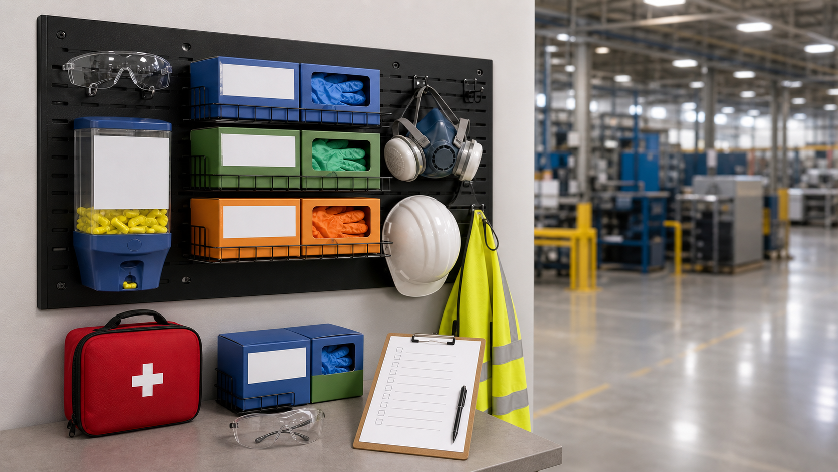 Workplace PPE station with gloves, safety glasses, earplug dispenser, respirator, hard hat, high-visibility vest, first aid kit, and checklist