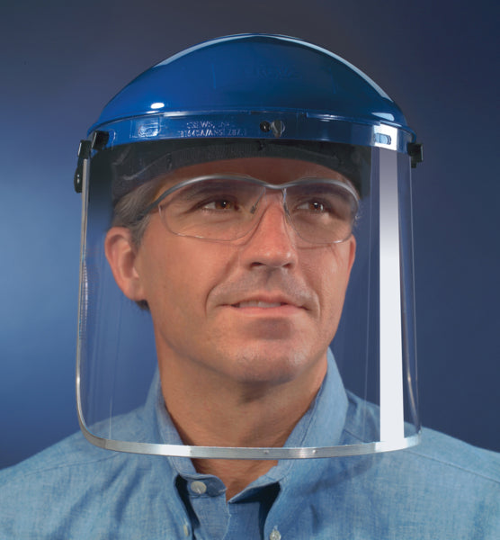 Combo Package Blue Ratcheting Take Up Headgear Clear Aluminum Bound PETG Face Shield 8 Inches x 16 Inches .042 Inches Thickness