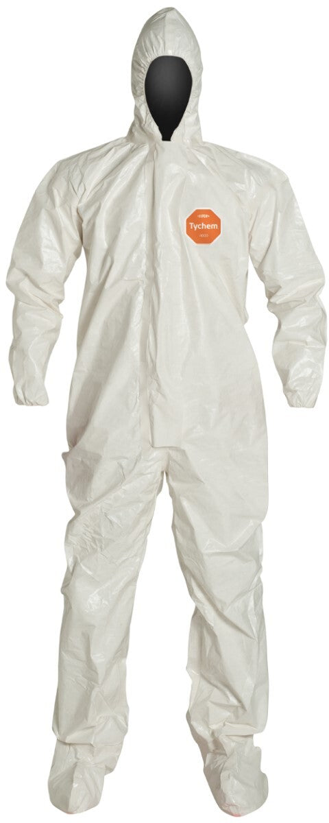 DuPont White Tychem® 4000 12 mil Chemical Protective Coveralls (With Hood, Elastic Wrists And Attached Socks)