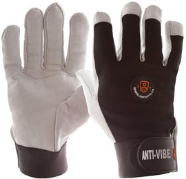 IMPACTO® Black And White Leather/Nylon/Elastic/Air Bladder Full finger Anti-Vibration Gloves With Elastic Cuff