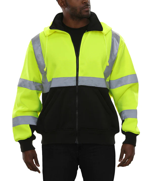 Safety Sweatshirt Hi Vis Full Zip Lime Removeable Hood 10.5oz