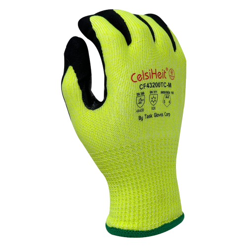 CelsiHeit® - Black Sandy Foam Nitrile palm coated, Reinforced Thumb Saddle, 13 Gauge Hi-Vis Yellow HDPE & Polyester shell, 7 Gauge Acrylic Terry Lined, ANSI Cut A4 - Dozen