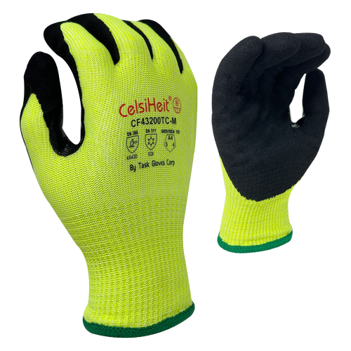 CelsiHeit® - Black Sandy Foam Nitrile palm coated, Reinforced Thumb Saddle, 13 Gauge Hi-Vis Yellow HDPE & Polyester shell, 7 Gauge Acrylic Terry Lined, ANSI Cut A4 - Dozen