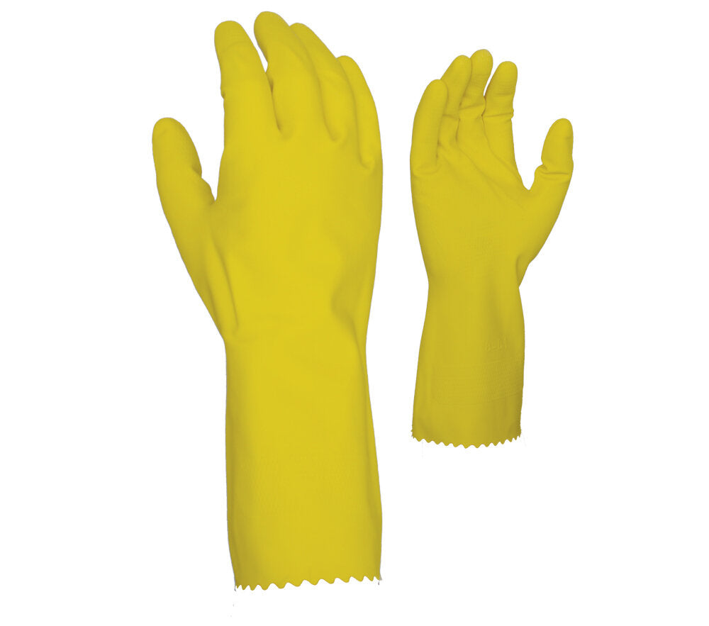 12" 18mil, yellow household unsupported latex glove, flock lined, embossed grip on palm and fingers gloves - Dozen