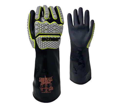 Task Gloves CHEM101® Chem Exo Plus - Black smooth Co-Polymer Fully coated, Black Sandy-Foam Co-Polymer palm coated, 15 Gauge Aramid+Stainless Steel liner, ANSI Cut A5, 15" Length, TPR back - Dozen