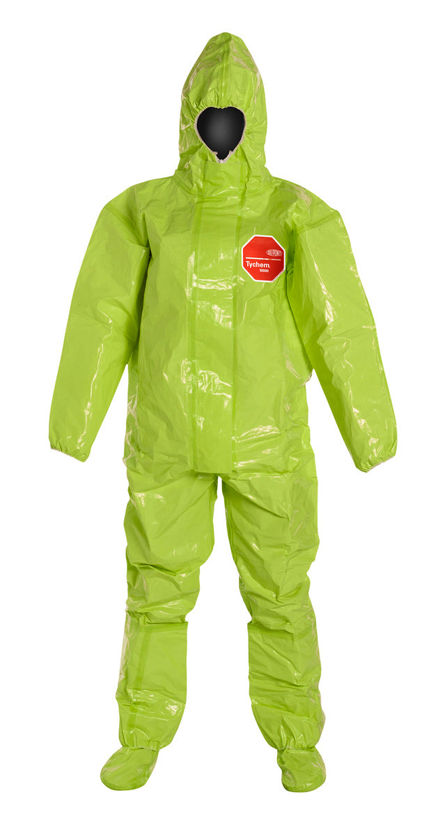 DuPont Yellow Tychem® 10000, 28 mil Chemical Protective Coveralls With Respirator Fitting Hood, Elastic Wrists And Attached Socks
