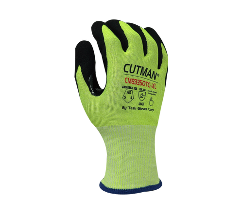 CUTMAN® - 18 Gauge Hi-Vis Yellow HDPE + Stainless steel shell, Black Sandy-Foam Nitrile Palm coated, Reinforced Thumb Saddle, Touchscreen compatible, ANSI Cut A8 - Dozen