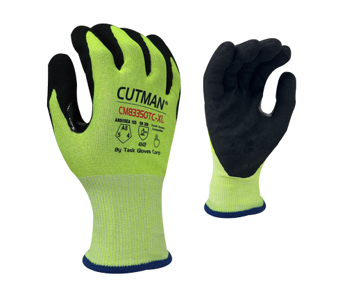 CUTMAN® - 18 Gauge Hi-Vis Yellow HDPE + Stainless steel shell, Black Sandy-Foam Nitrile Palm coated, Reinforced Thumb Saddle, Touchscreen compatible, ANSI Cut A8 - Dozen