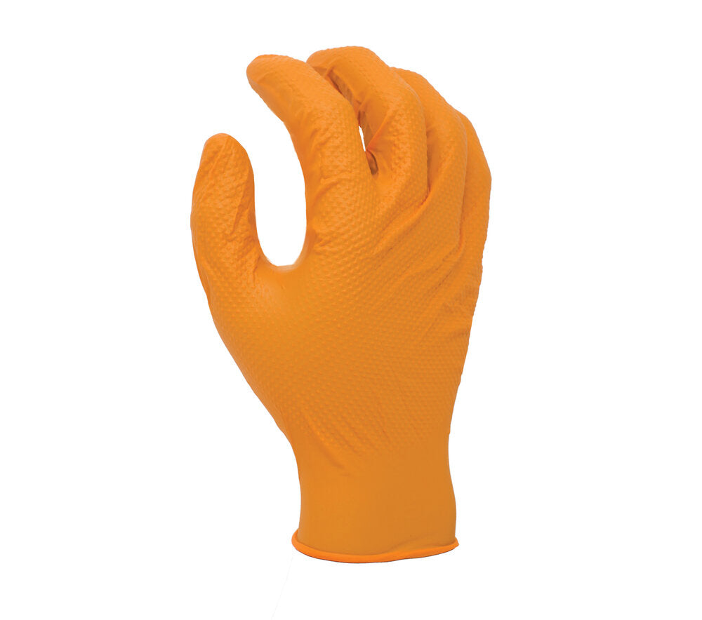 8 mil Orange Nitrile, 9 1/2" length, Powder-Free, Diamond textured both sides, 100 gloves per dispenser