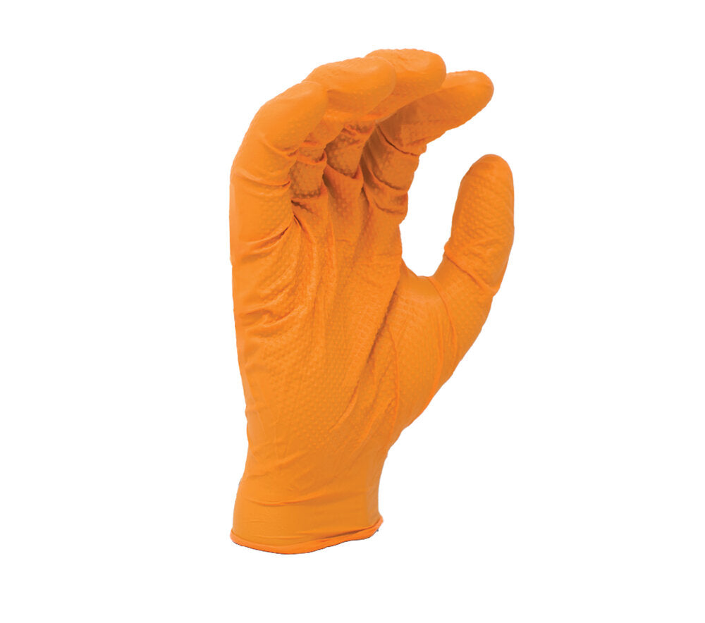 8 mil Orange Nitrile, 9 1/2" length, Powder-Free, Diamond textured both sides, 100 gloves per dispenser