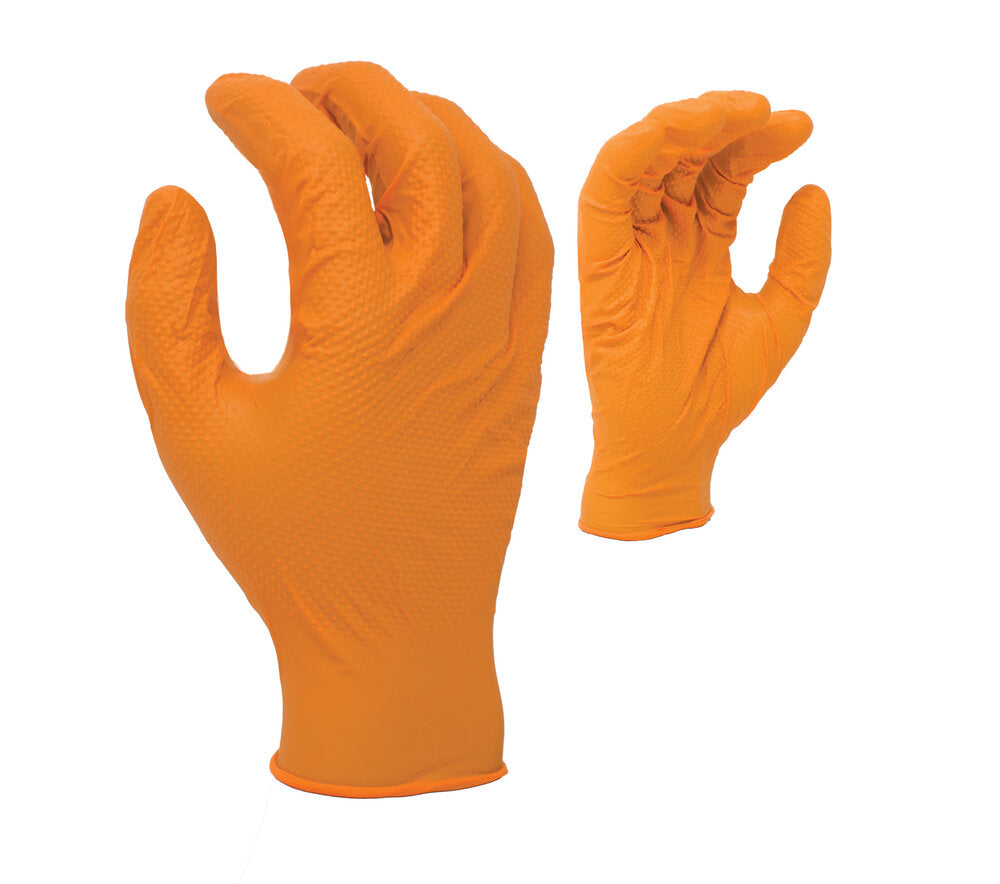 8 mil Orange Nitrile, 9 1/2" length, Powder-Free, Diamond textured both sides, 100 gloves per dispenser