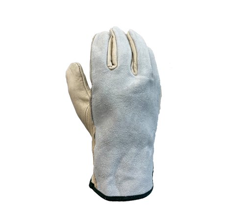Task Gloves Economy Grain Cowhide Palm Driver W/ Gray Split Leather Back,Shirred Elastic Back and Keystone Thumb - Dozen
