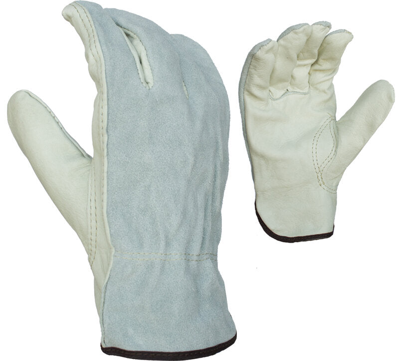 Task Gloves Economy Grain Cowhide Palm Driver W/ Gray Split Leather Back,Shirred Elastic Back and Keystone Thumb - Dozen