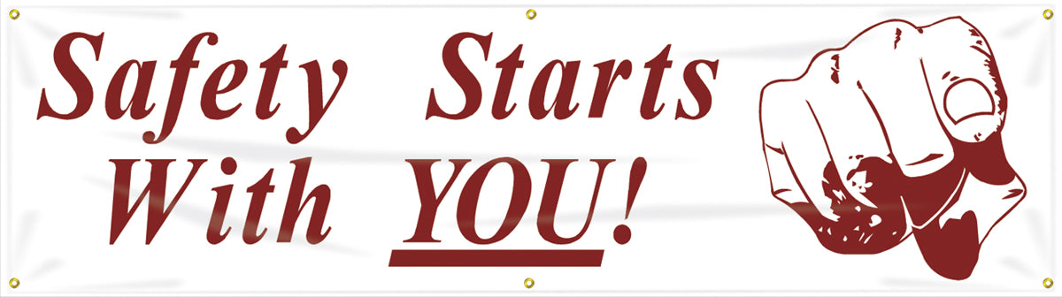 4" X 96" Red And White Reinforced Flexible Poly Sheeting Safety Banner "SAFETY STARTS WITH YOU"