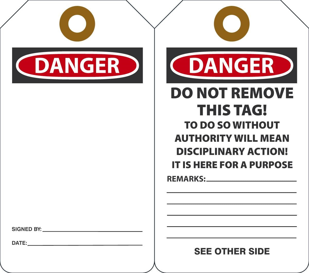 5 3/4" X 3 1/4" Black, Red And White HS-Laminate English Accident Prevention Safety Tag "DANGER" With Pull-Proof Metal Grommeted 3/8" Reinforced Hole, Disciplinary Action Warning On