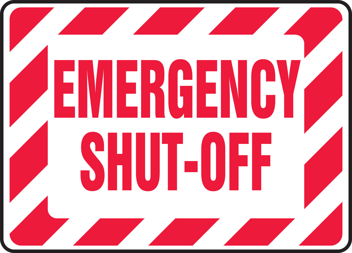 10" X 14" White And Red Plastic Safety Signs "EMERGENCY SHUT-OFF"