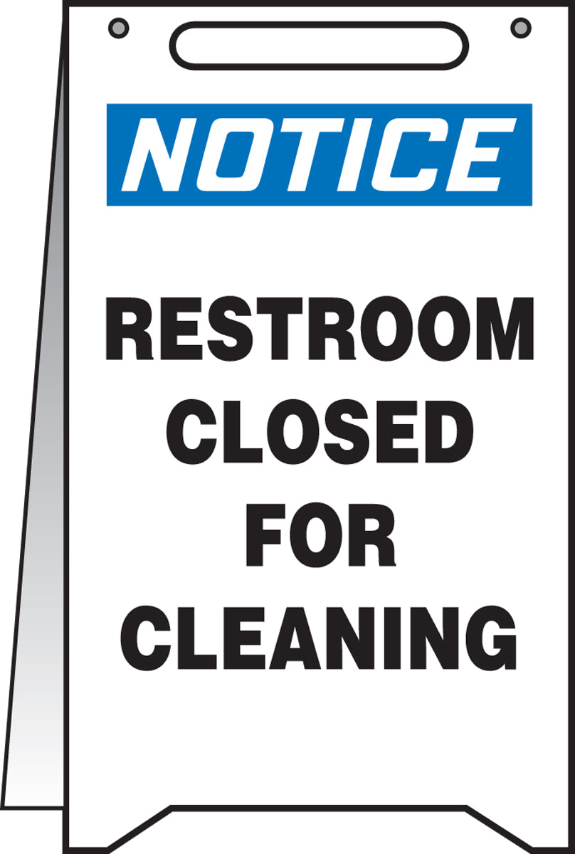 20" X 12" Blue, Black And White Rugged Plastic FOLD-UPS® Floor Signs "NOTICE RESTROOM CLOSED FOR CLEANING"