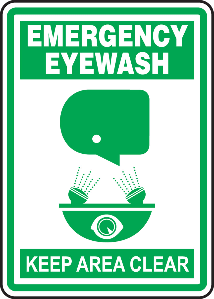 14" X 10" Green And White Aluminum Safety Signs "EMERGENCY EYEWASH KEEP AREA CLEAR"