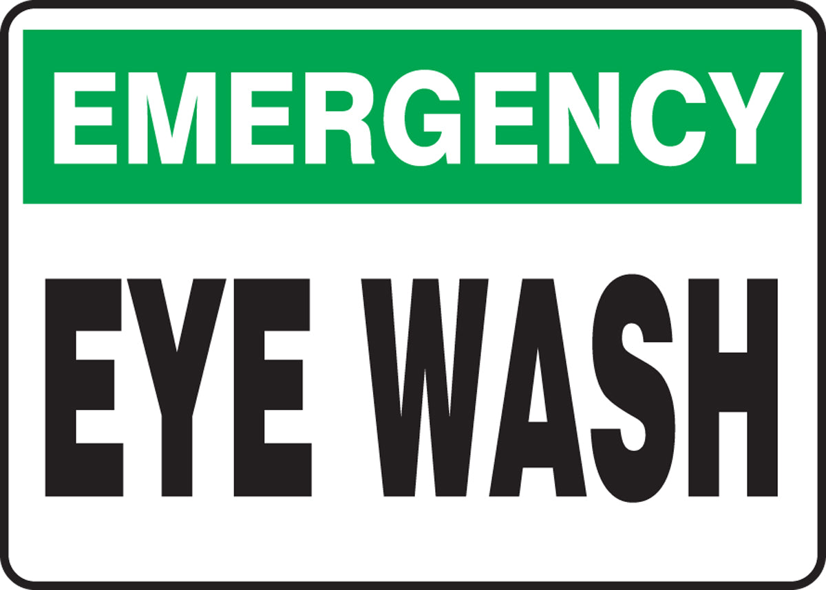 10" X 14" Green, Black And White Adhesive Poly Safety Signs "EMERGENCY EYE WASH"