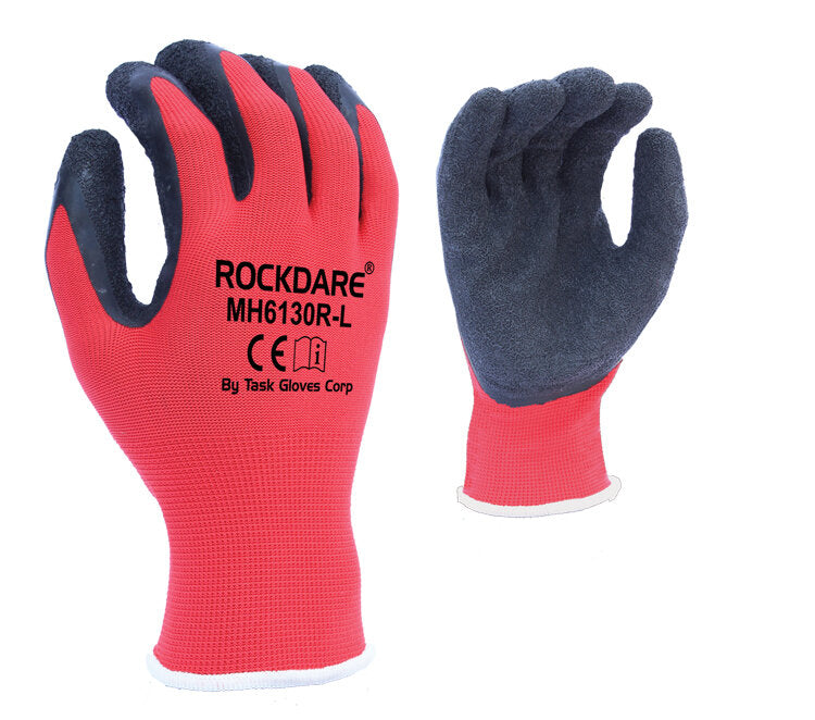 13 Gauge Red Polyester shell, Black Crinkle Latex palm coated - Dozen