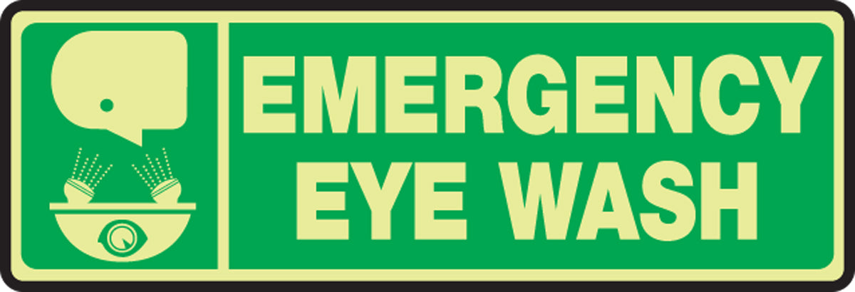 4" X 12" White And Green Glow Flex Adhesive Safety Signs "EMERGENCY EYE WASH"