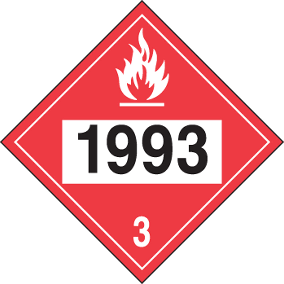 10 3/4" X 10 3/4" Black, White And Red Adhesive Poly 4-Digit DOT Placard "1993 (FLAMMABLE LIQUID, COMBUSTIBLE LIQUID) HAZARD CLASS 3 (With Graphic)" (10 Per Pack)