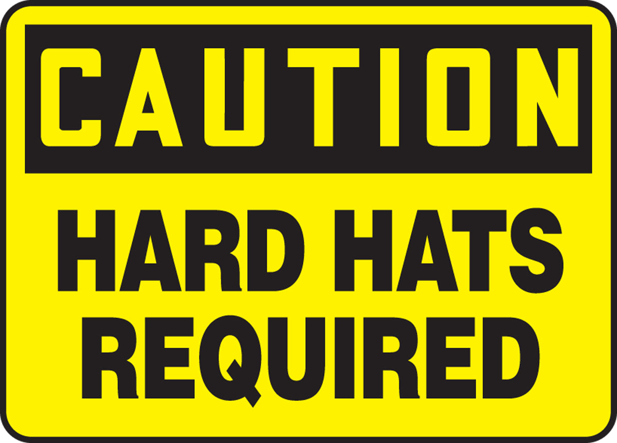 10" X 14" Black And Yellow Adhesive Poly Safety Signs "CAUTION HARD HATS REQUIRED"