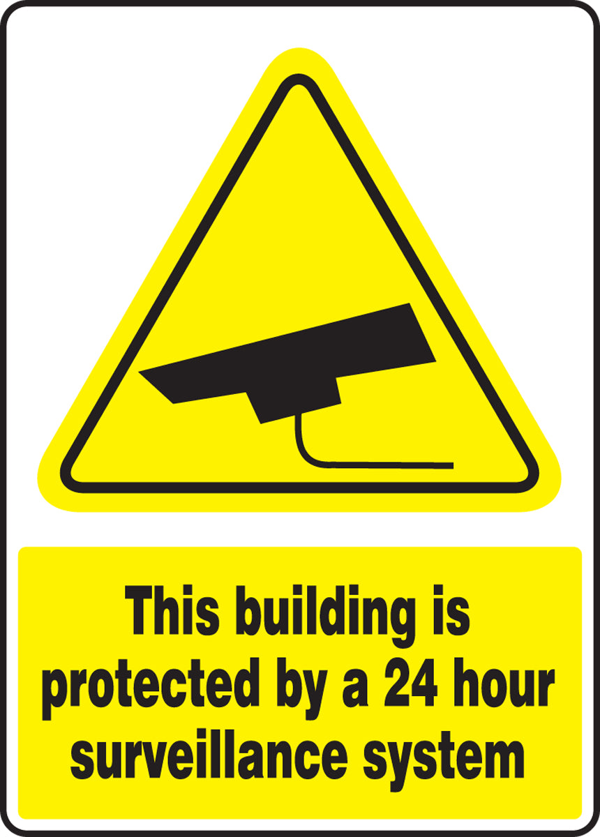 14" X 10" Yellow, Black And White Aluminum Safety Signs "THIS BUILDING IS PROTECTED BY A 24 HOUR SURVEILLANCE SYSTEM"