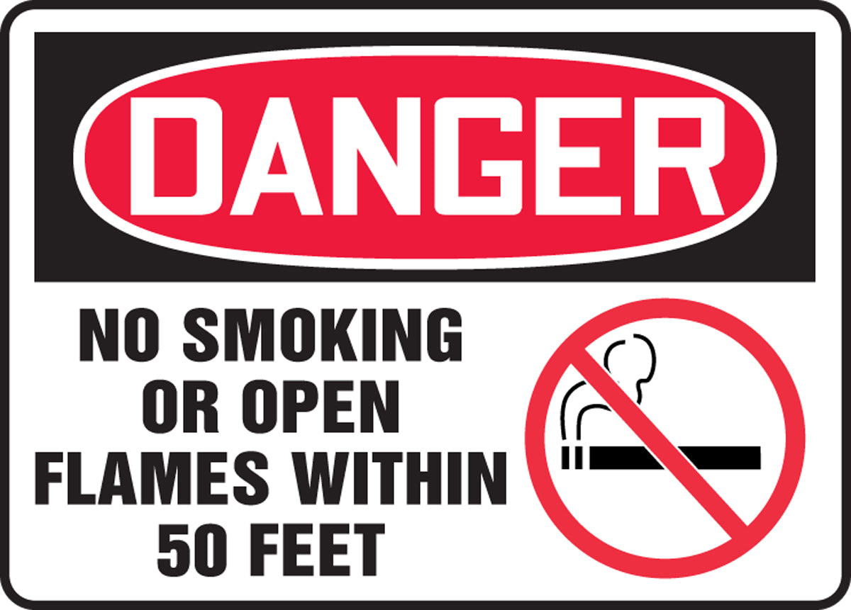 7" X 10" Red, Black And White Adhesive Poly Safety Signs "DANGER NO SMOKING OR OPEN FLAMES WITHIN 50 FEET"