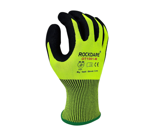 13 Gauge Hi-Vis Yellow Polyester shell, Black Sandy Foam Nitrile Palm coated - Dozen